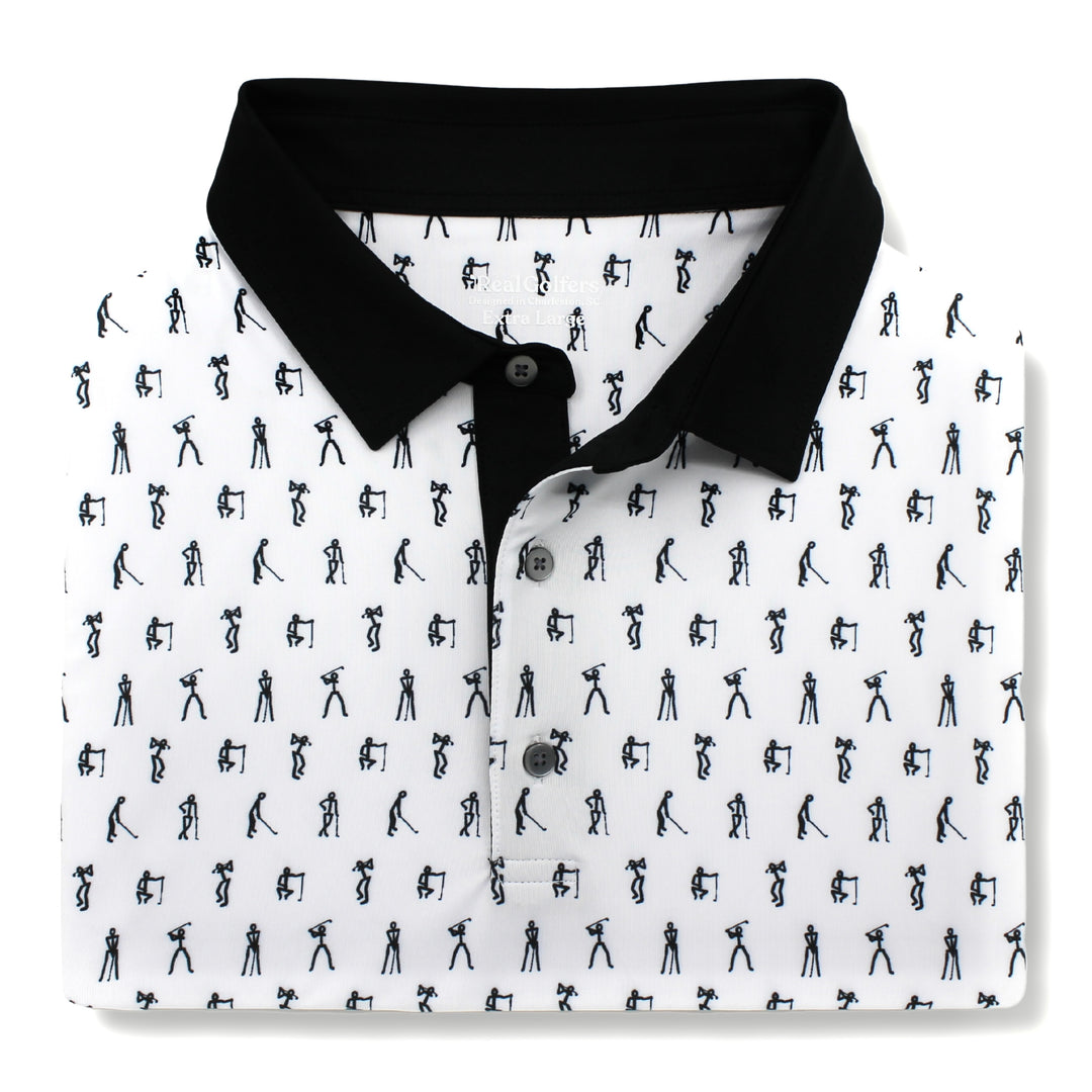Close up shot of a white performance golf polo with a black collar and a pattern of stick figure golfers throughout the shirt.