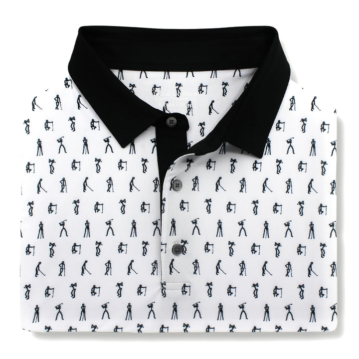 Close up shot of a white performance golf polo with a black collar and a pattern of stick figure golfers throughout the shirt.