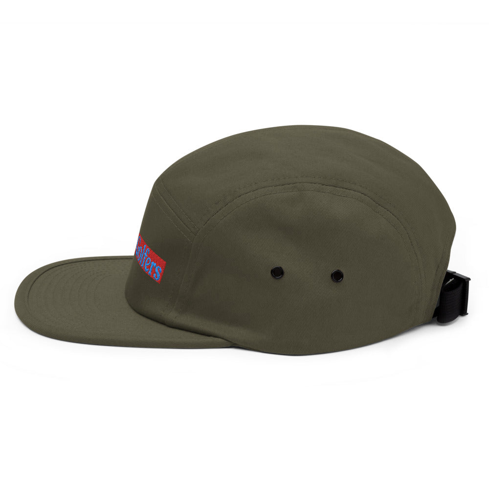 Tan 5-panel Golf Hat with RealGolfers logo embroidered on Front