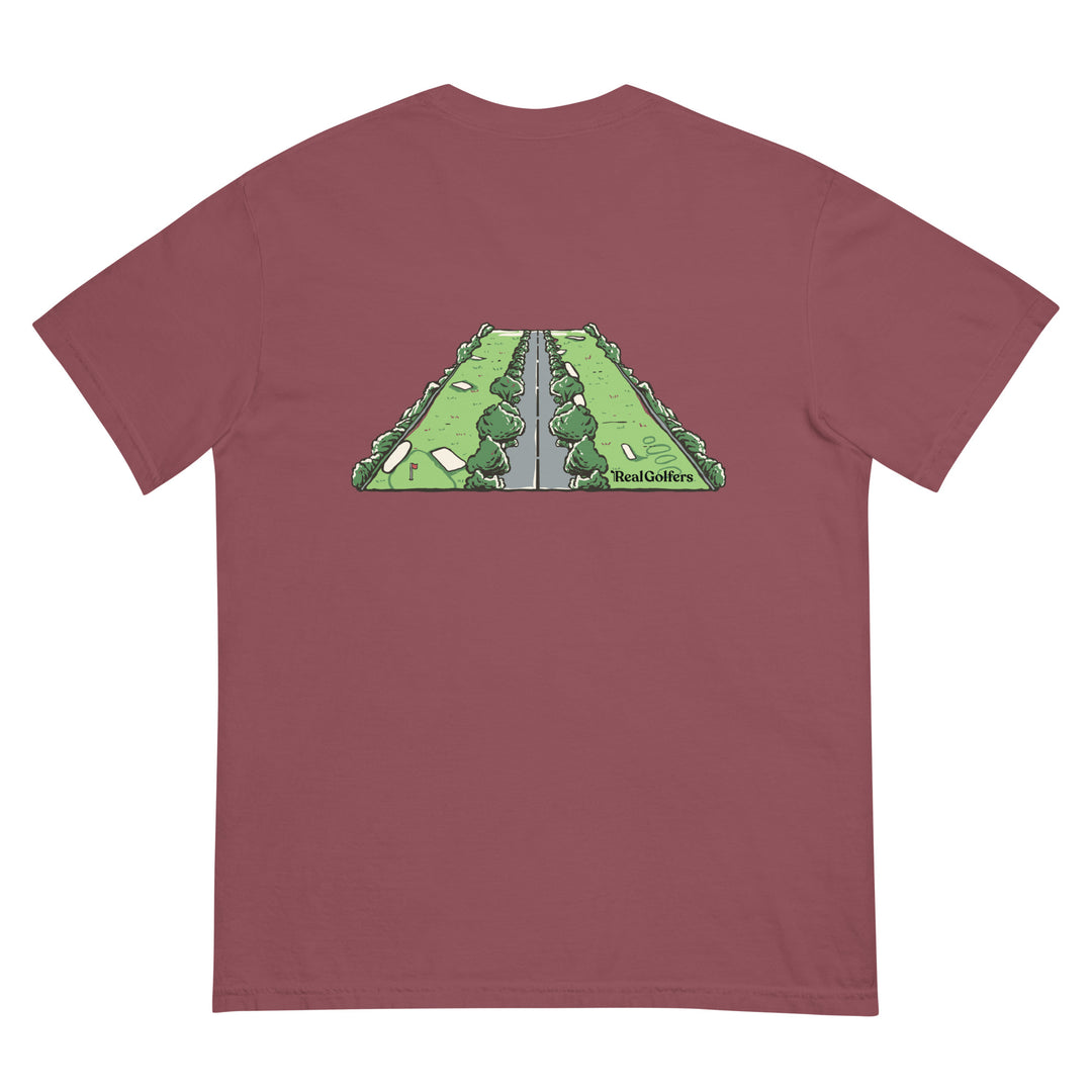 Brick (Red) colored t-shirt with the expression "Fairway, Bunker, Pavement, Windshield" in small text, centered on the front of the heavy cotton t-shirt.