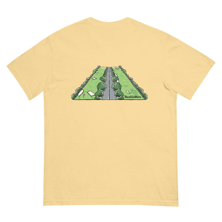 Butter colored t-shirt with the expression "Fairway, Bunker, Pavement, Windshield" in small text, centered on the front of the heavy cotton t-shirt.
