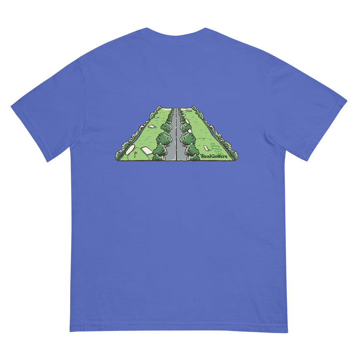 Flo-blue colored t-shirt with the expression "Fairway, Bunker, Pavement, Windshield" in small text, centered on the front of the heavy cotton t-shirt.