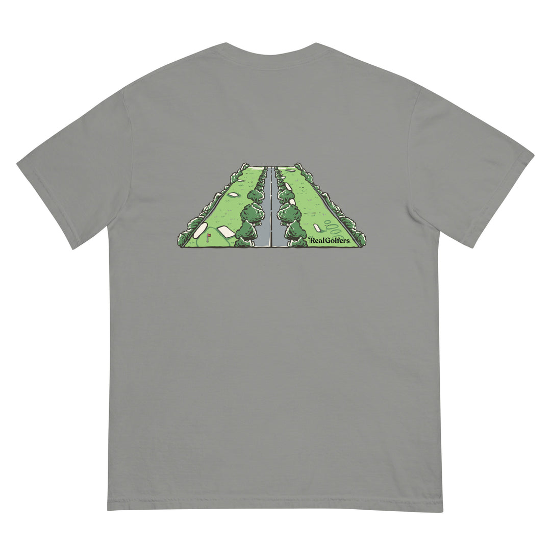 Grey colored t-shirt with the expression "Fairway, Bunker, Pavement, Windshield" in small text, centered on the front of the heavy cotton t-shirt.