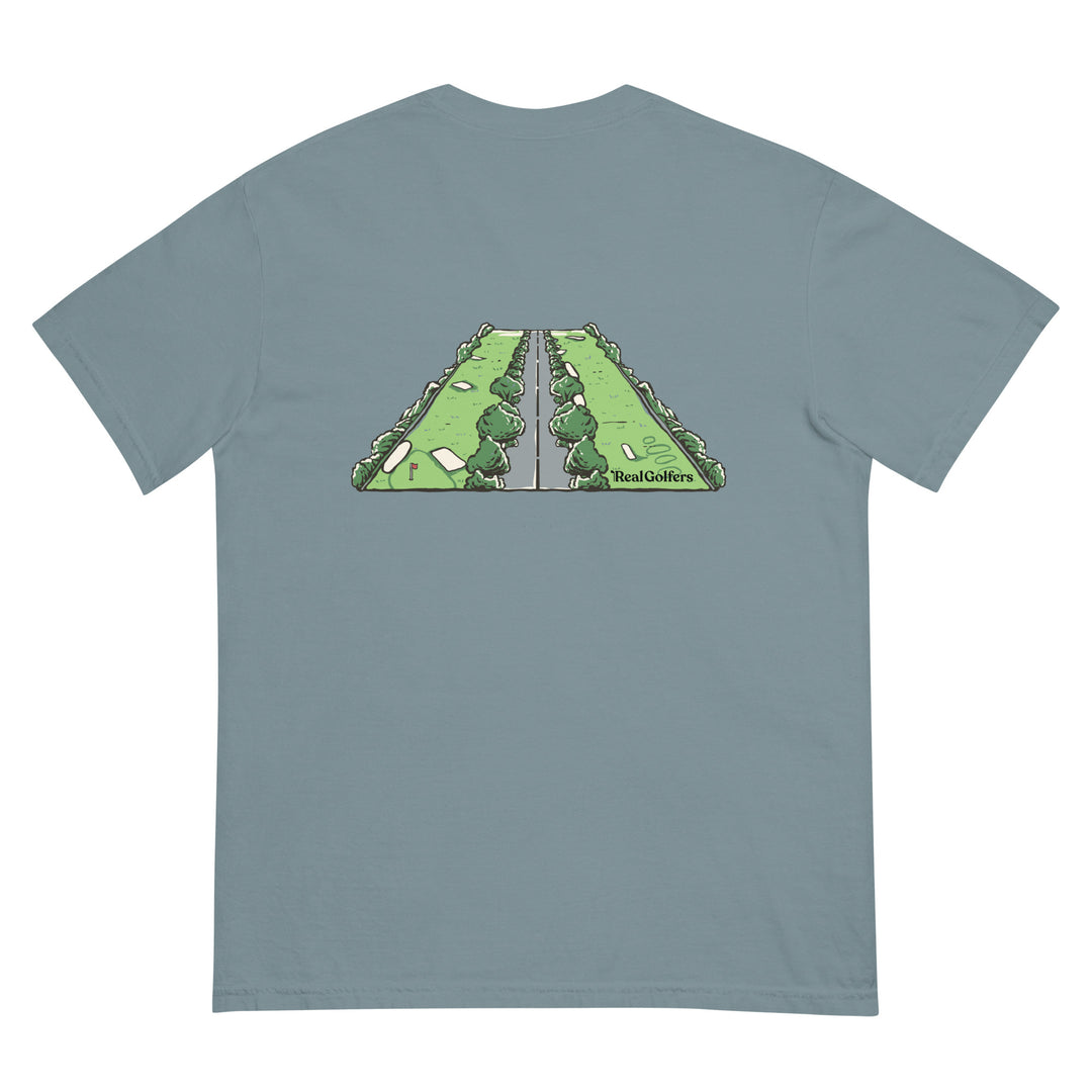 Ice Blue colored t-shirt with the expression "Fairway, Bunker, Pavement, Windshield" in small text, centered on the front of the heavy cotton t-shirt.