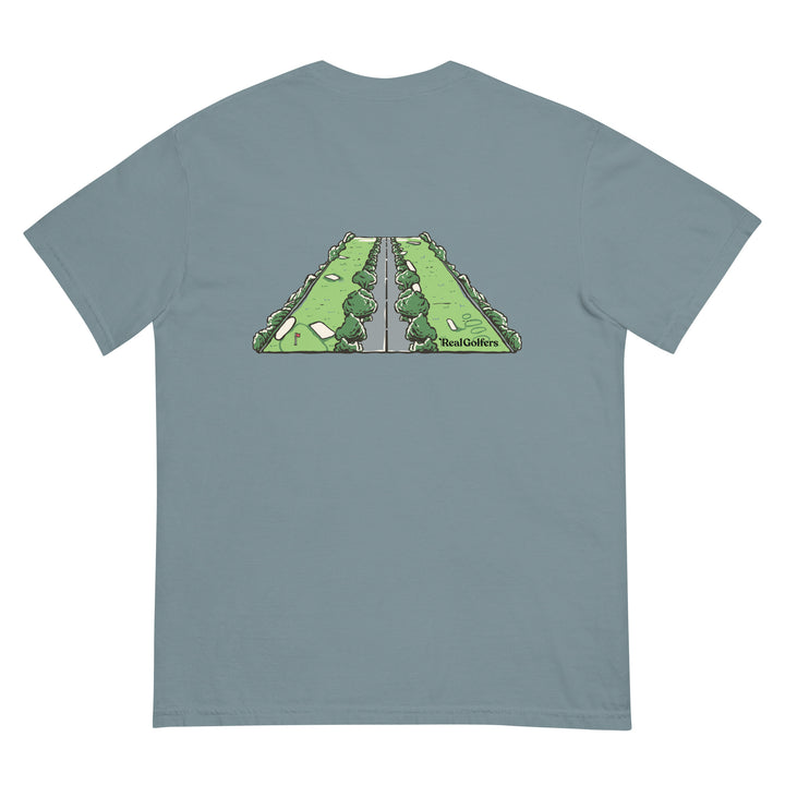Ice Blue colored t-shirt with the expression "Fairway, Bunker, Pavement, Windshield" in small text, centered on the front of the heavy cotton t-shirt.
