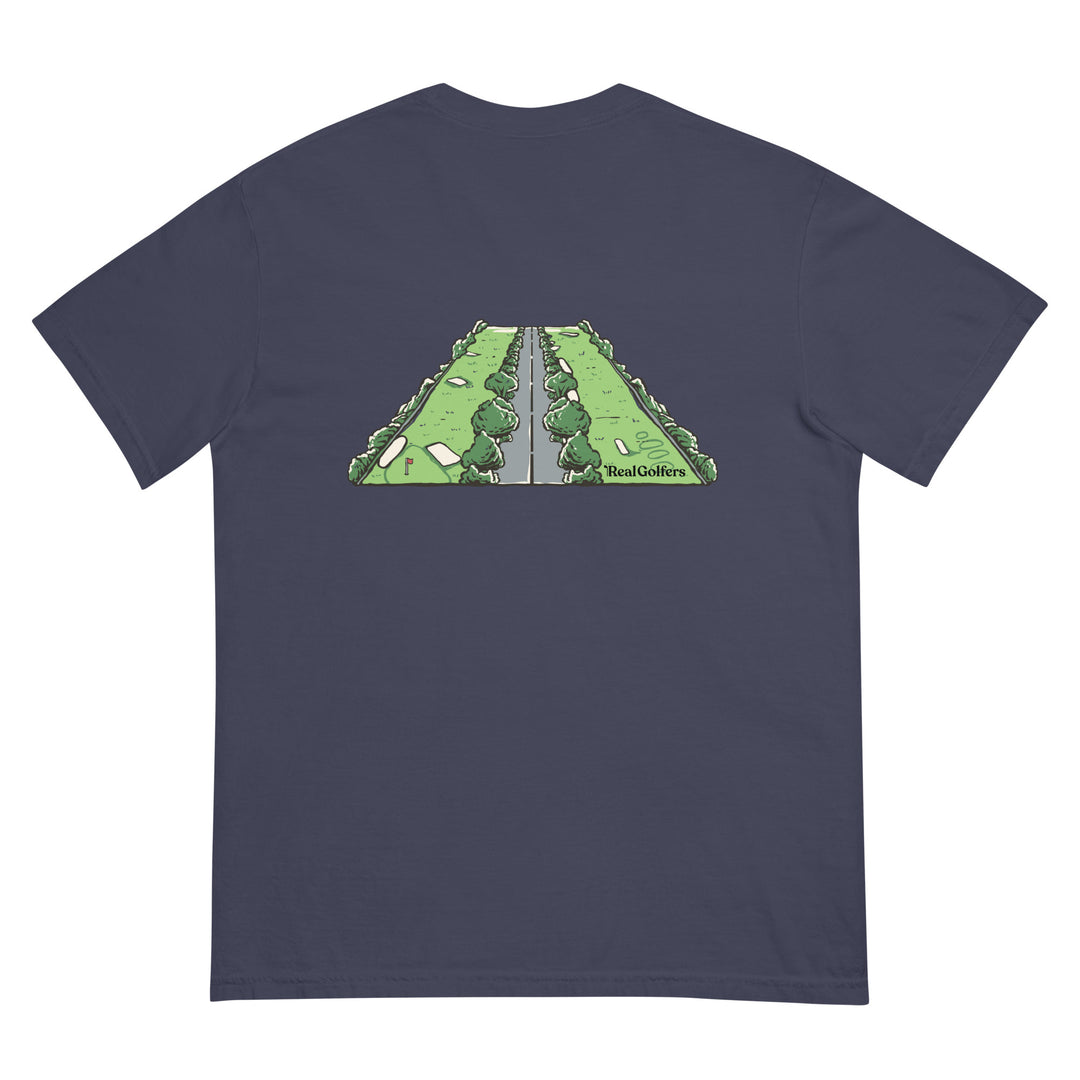 Navy colored t-shirt with the expression "Fairway, Bunker, Pavement, Windshield" in small text, centered on the front of the heavy cotton t-shirt.