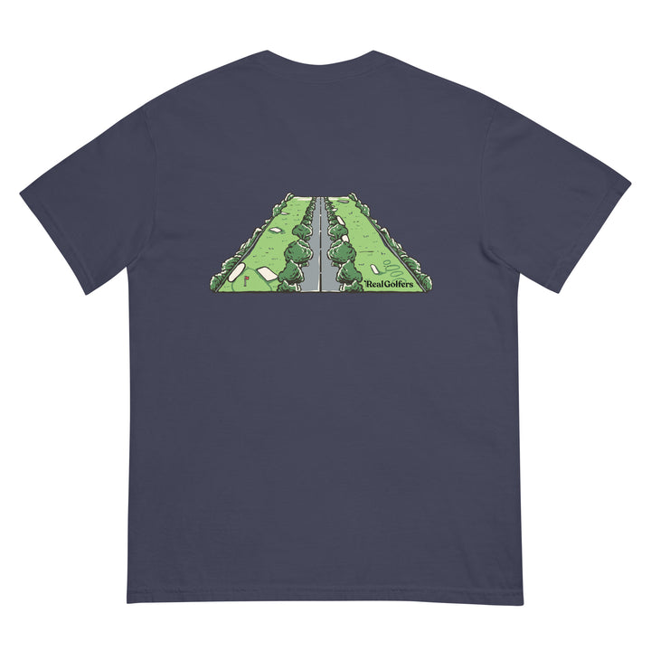 Navy colored t-shirt with the expression "Fairway, Bunker, Pavement, Windshield" in small text, centered on the front of the heavy cotton t-shirt.