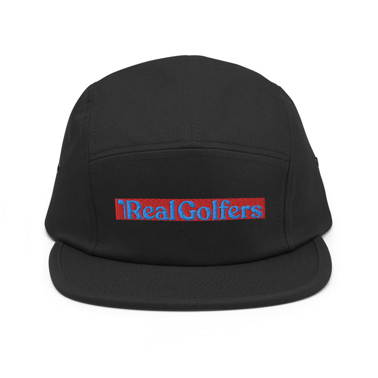 Black 5-panel Golf Hat with RealGolfers logo embroidered on Front