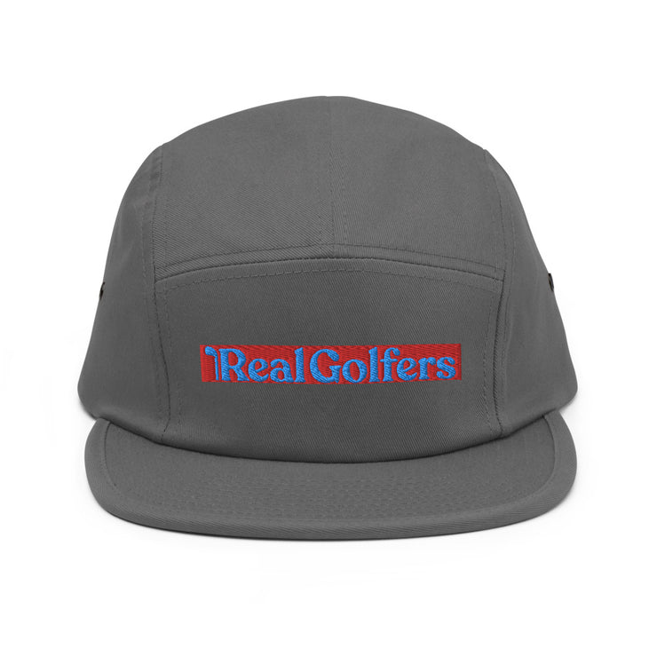Light Grey 5-panel Golf Hat with RealGolfers logo embroidered on Front