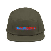 Tan 5-panel Golf Hat with RealGolfers logo embroidered on Front