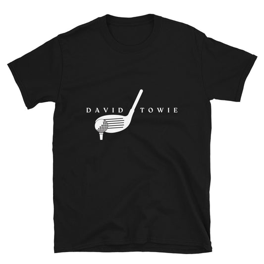 Black T-Shirt with graphic of a driver hitting a golf ball off the toe, and text that says "David Towie"