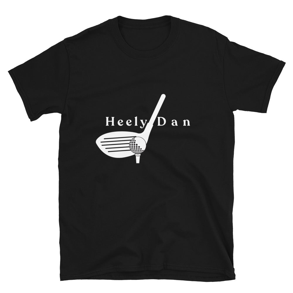 Black T-Shirt With an image of a driver hitting a golf ball off the heel of the face and text that says "Heely Dan"