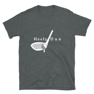 Grey T-Shirt With an image of a driver hitting a golf ball off the heel of the face and text that says "Heely Dan"