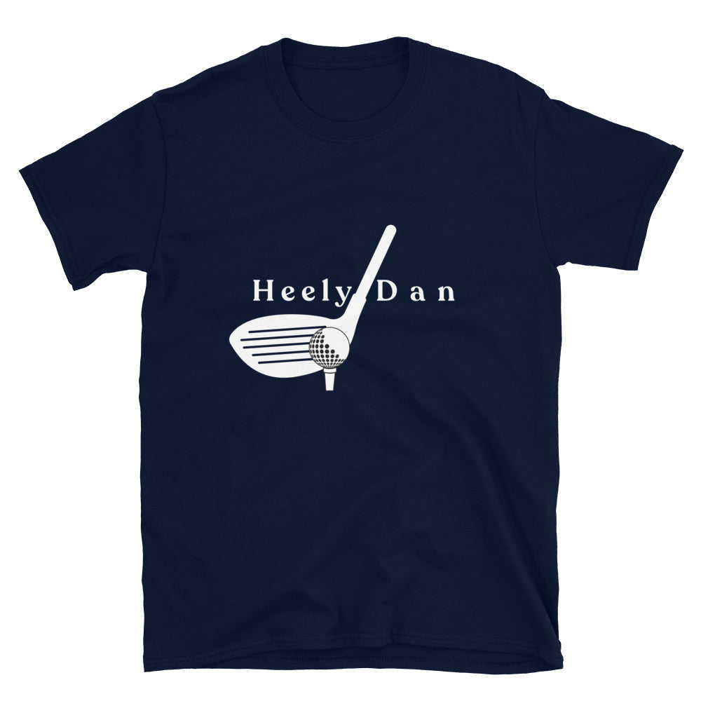 Navy Blue T-Shirt With an image of a driver hitting a golf ball off the heel of the face and text that says "Heely Dan"