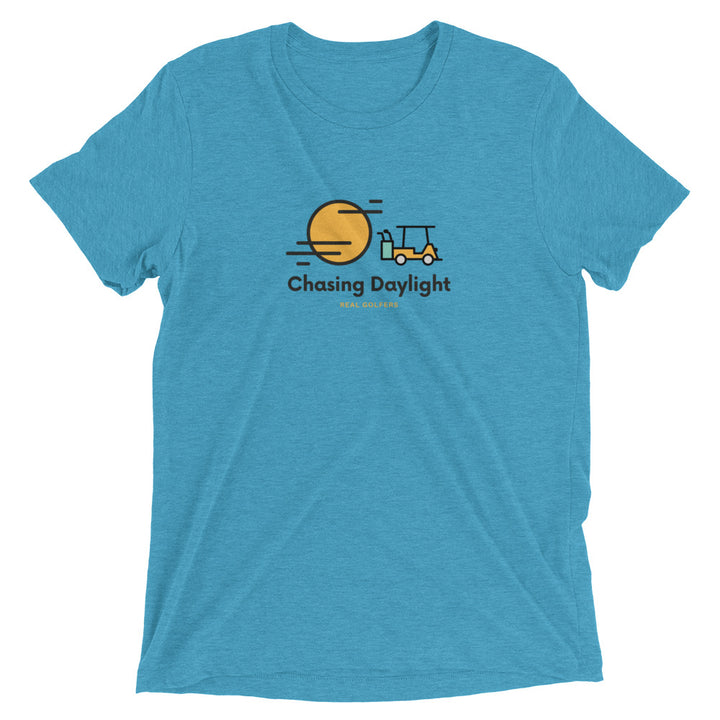 Aqua colored tri-blend fabric material t-shirt featuring a graphic of a golf cart and a sun.