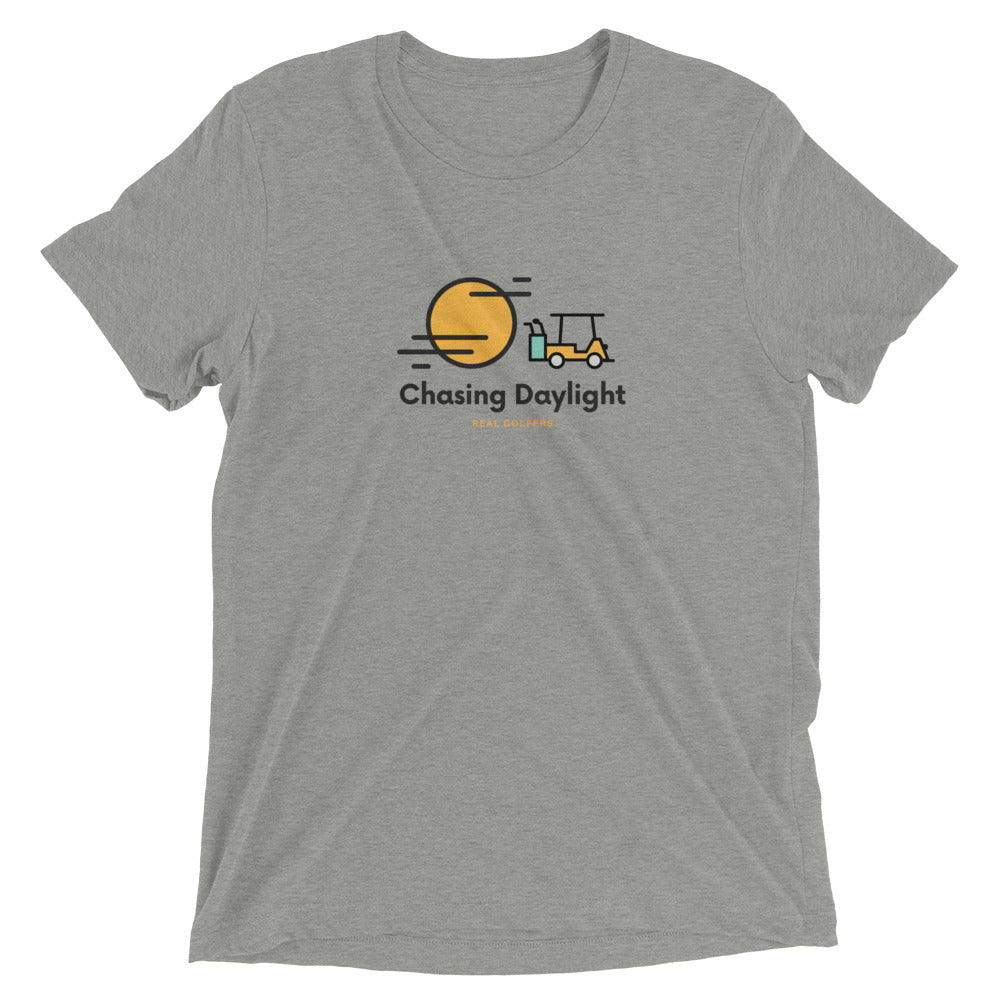 Athletic grey colored tri-blend fabric material t-shirt featuring a graphic of a golf cart and a sun.