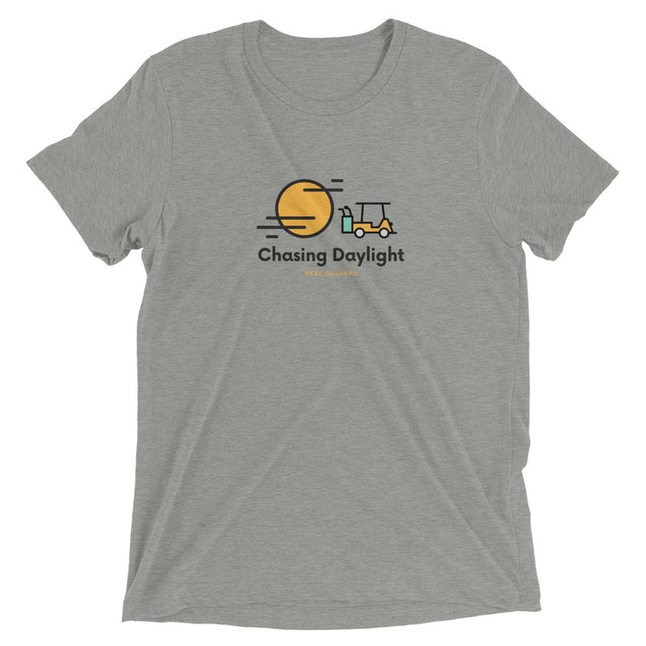 Athletic grey colored tri-blend fabric material t-shirt featuring a graphic of a golf cart and a sun.